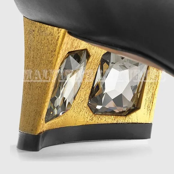 GUCCI BOOTS TALL ARIELLE GOLD MOON CRYSTAL HEEL BLACK LEATHER sz 37.5 7.5